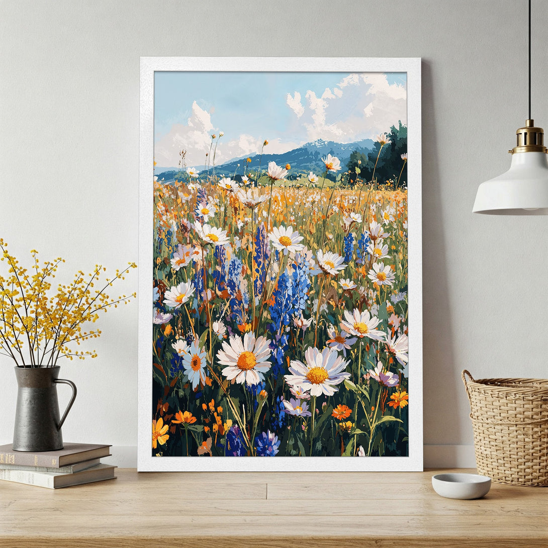 Framed Poster of a vibrant wildflower meadow painting. Impressionistic style with a warm, colorful palette of blues, yellows, and greens.