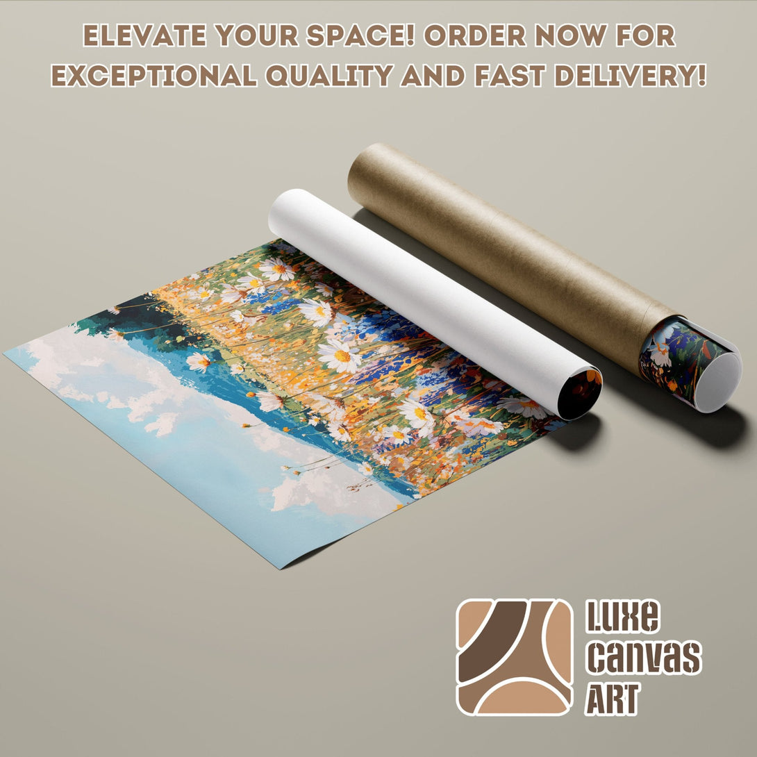 Poster Roll featuring a vibrant floral landscape, with blue, yellow, and green hues. Order yours today!