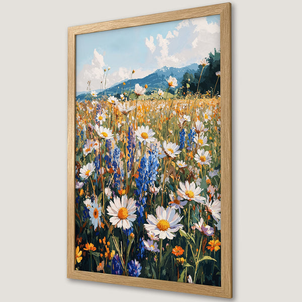 Framed Poster of a vibrant wildflower meadow. Impressionist style with a warm color palette of blues, yellows, and greens. Perfect wall art!