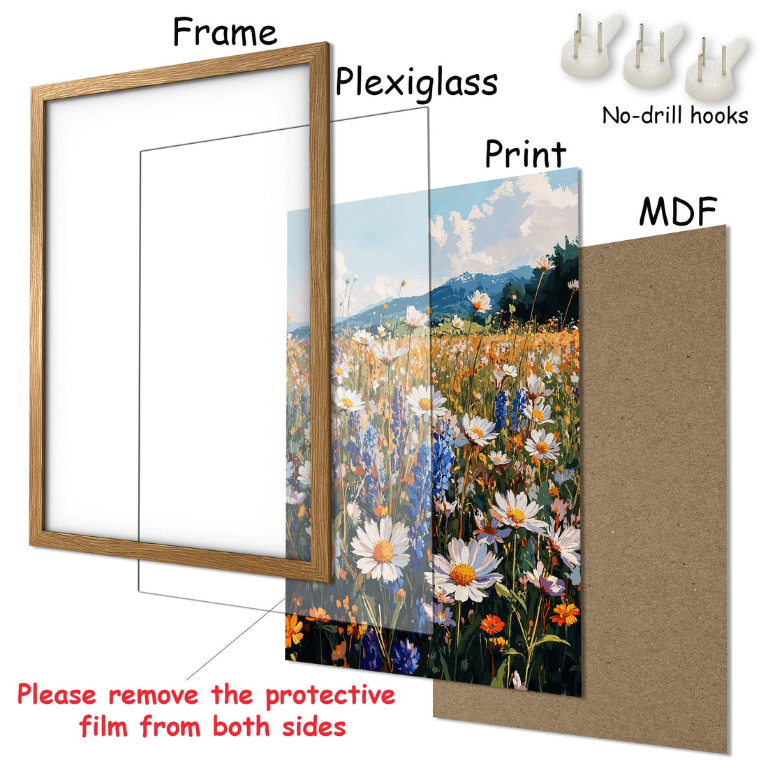 Framed Poster of a wildflower meadow in a bright, impressionistic style with a natural color palette. Perfect wall art!