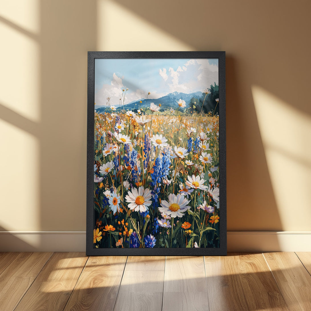 Framed Poster featuring a vibrant wildflower meadow painting. Impressionistic style with a colorful palette of blues, yellows, and greens.