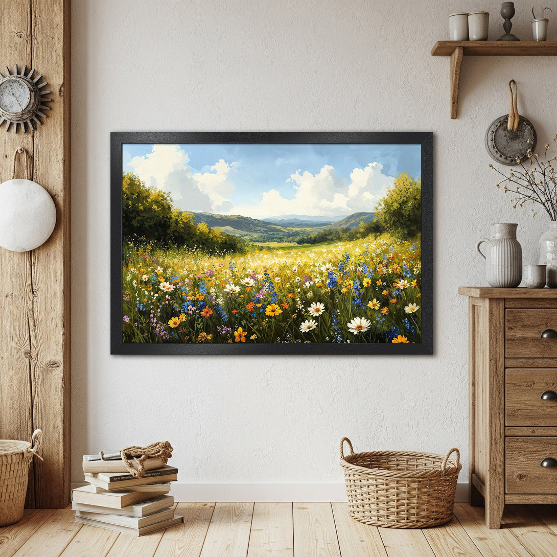 Framed Poster of a vibrant wildflower meadow. Impressionistic style, with a warm, natural color palette. Perfect wall art!