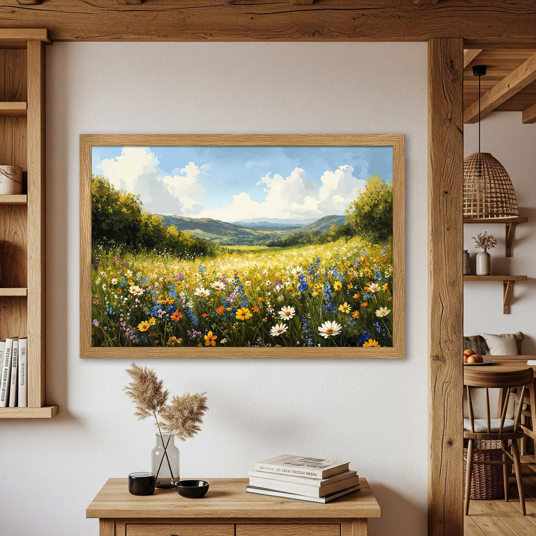 Framed Poster featuring a vibrant wildflower meadow scene with a blue sky. Impressionistic style, warm color palette. Perfect wall art!