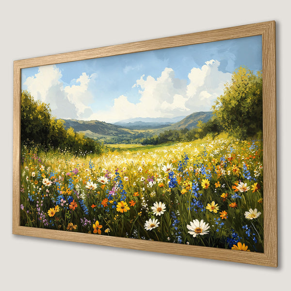 Framed Poster of a vibrant wildflower meadow landscape painting, featuring a colorful palette of greens, blues, yellows, and oranges.