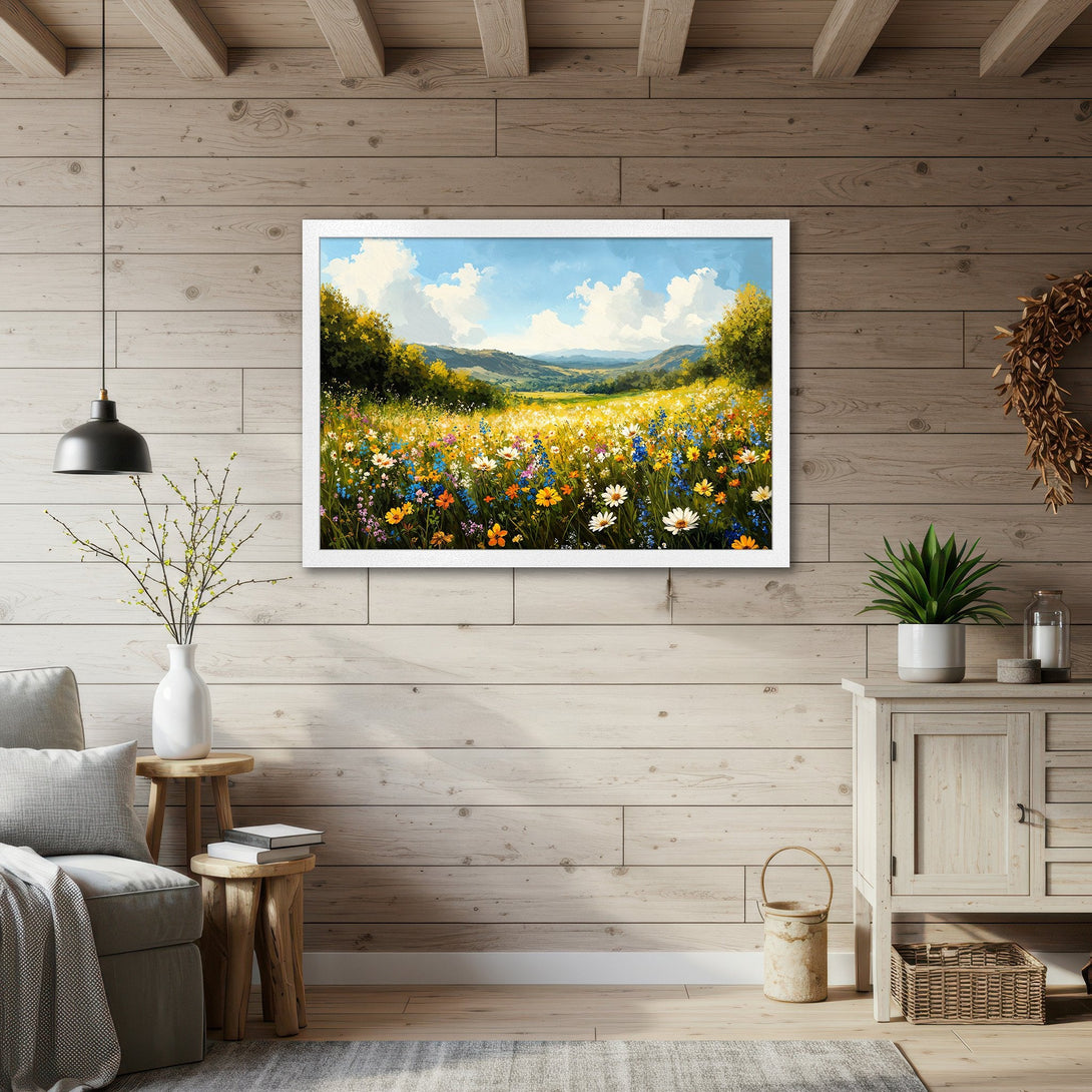 Framed Poster of a vibrant wildflower meadow. Impressionistic style, featuring a colorful palette of blues, yellows, and greens. Perfect wall art!