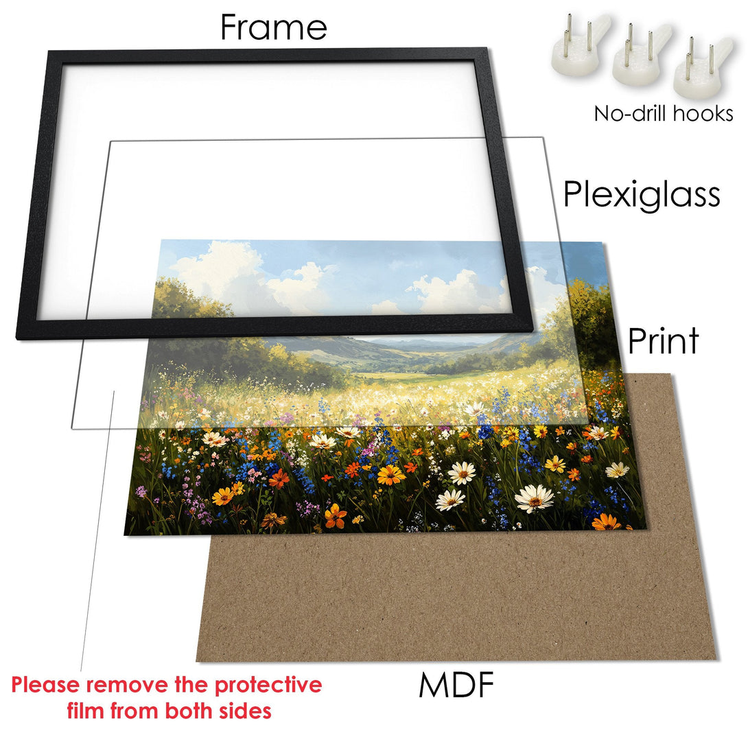 Framed Poster of a vibrant wildflower meadow. Impressionistic style with a colorful palette of blues, yellows, and greens. Perfect wall art!
