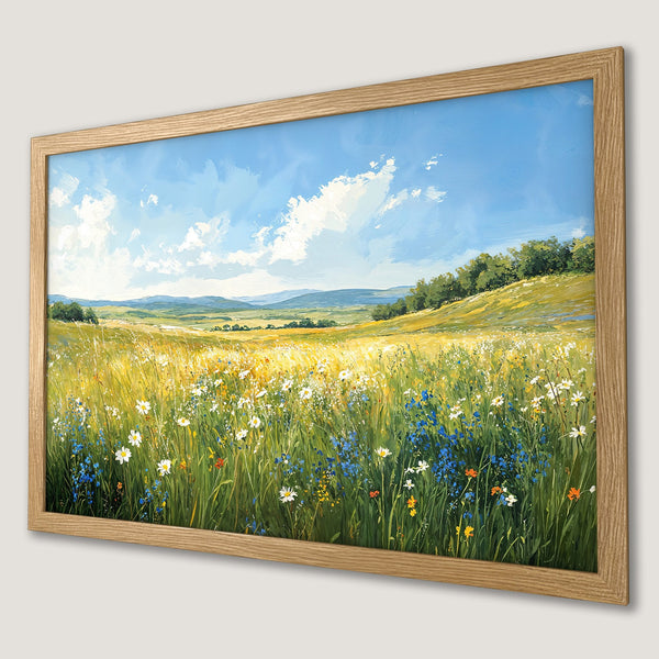 Framed Poster of a vibrant meadow landscape painting, featuring wildflowers and a blue sky. Impressionistic style, warm color palette.