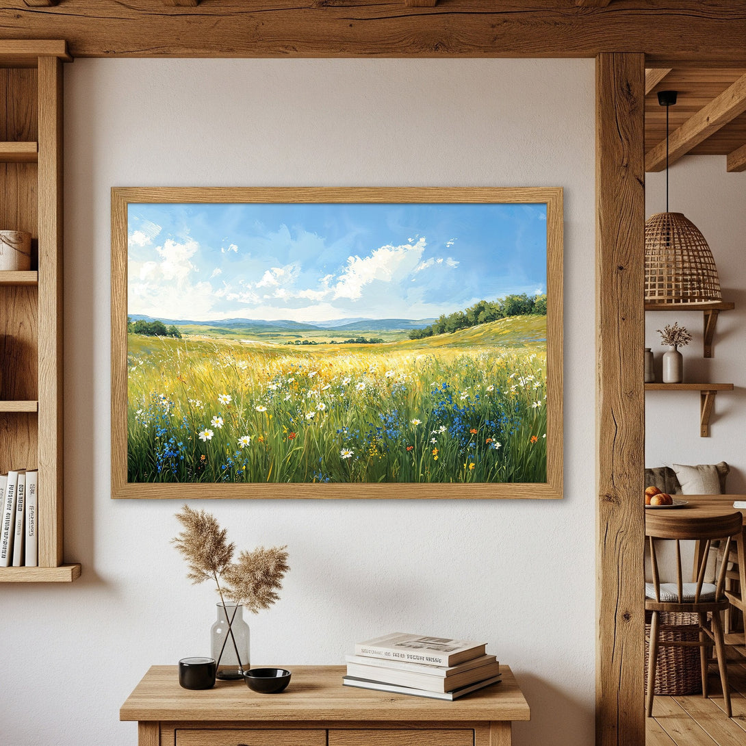 Framed Poster of a vibrant meadow landscape painting. Features a warm, natural color palette with blues, greens, and yellows. Perfect wall art!