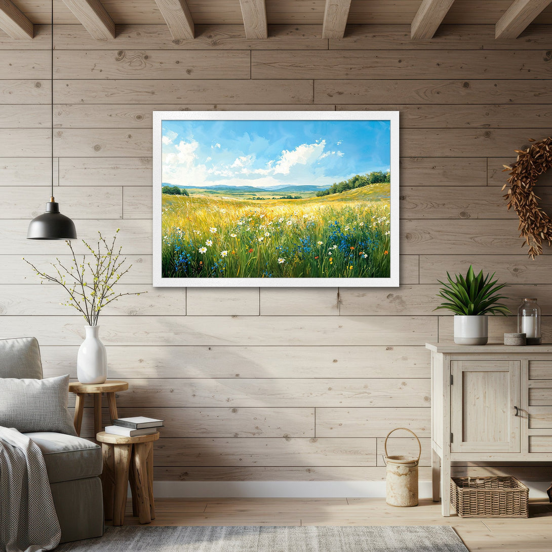 Framed Poster of a vibrant meadow landscape, impressionistic style, featuring blue, yellow, and green hues. Perfect wall art!