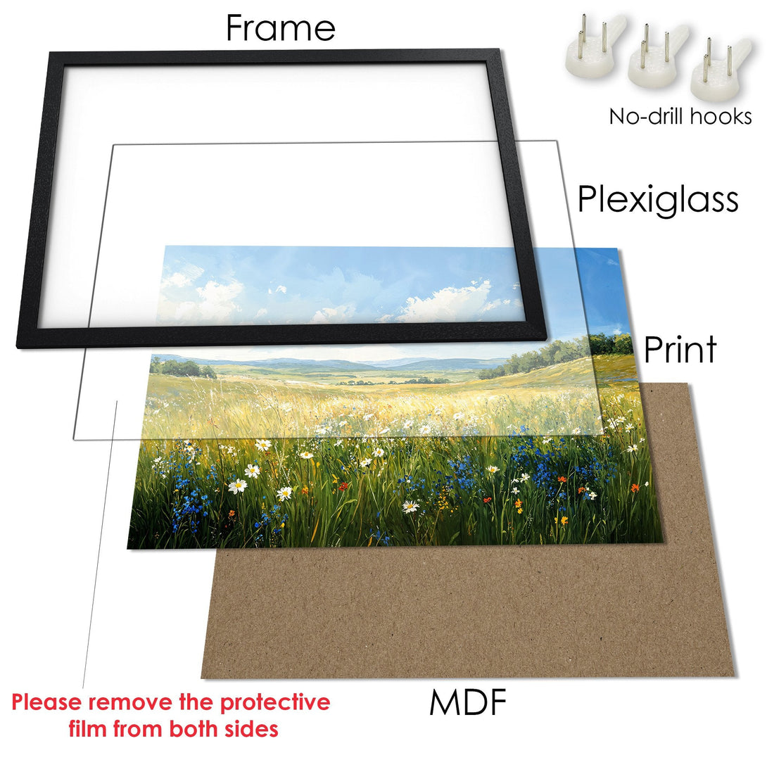 Framed Poster of a vibrant meadow scene. Impressionist style with blue, green, and yellow hues. Perfect wall art for your home!