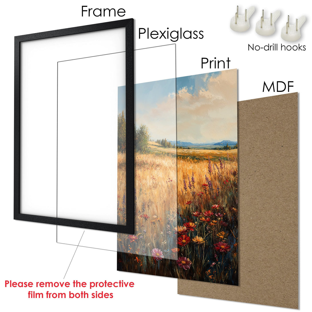 Framed Poster of a vibrant field landscape in warm tones. Perfect wall art for any room. Easy to hang!