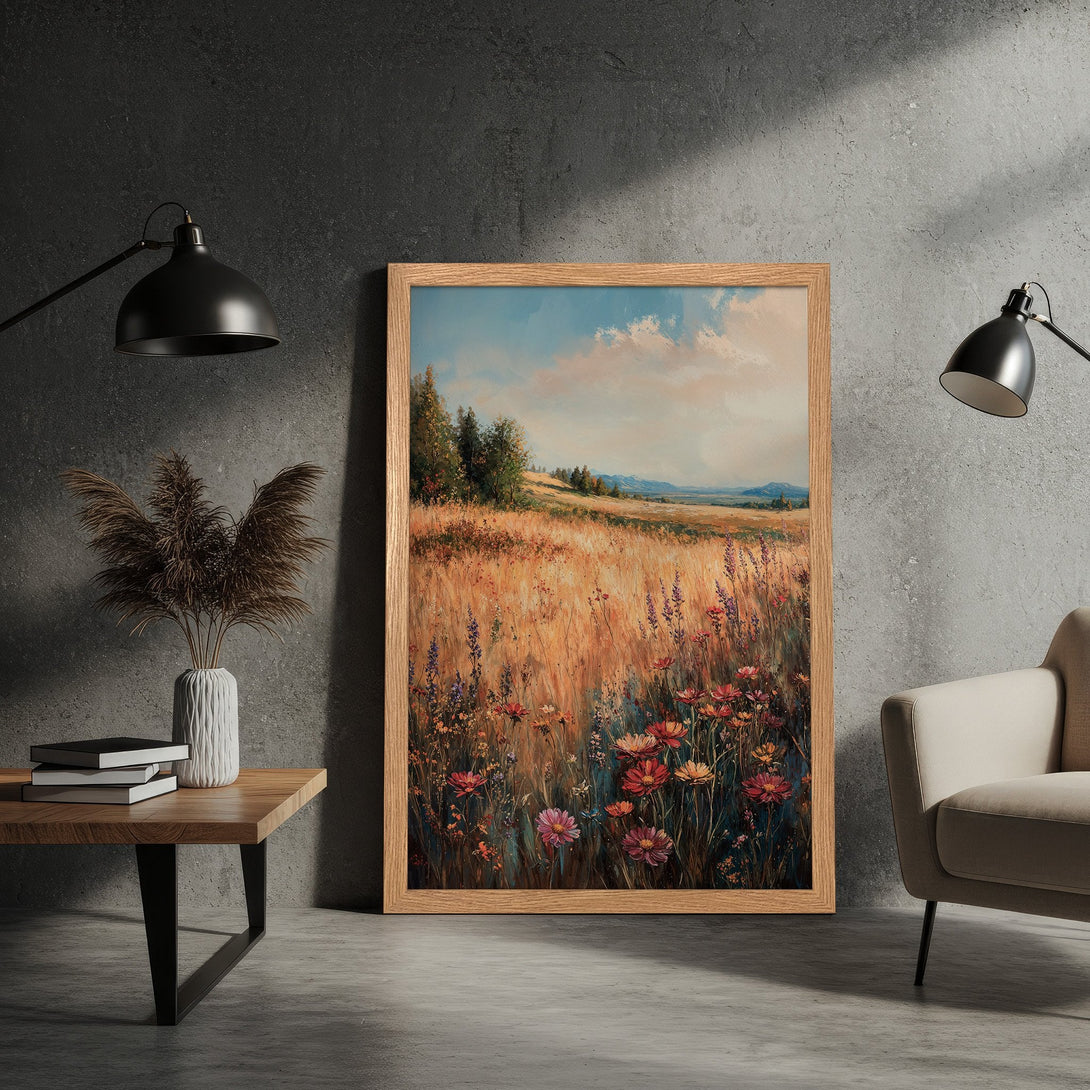 Framed Poster of a vibrant field landscape painting. Warm color palette with golds, blues, and reds. Perfect art for your home.