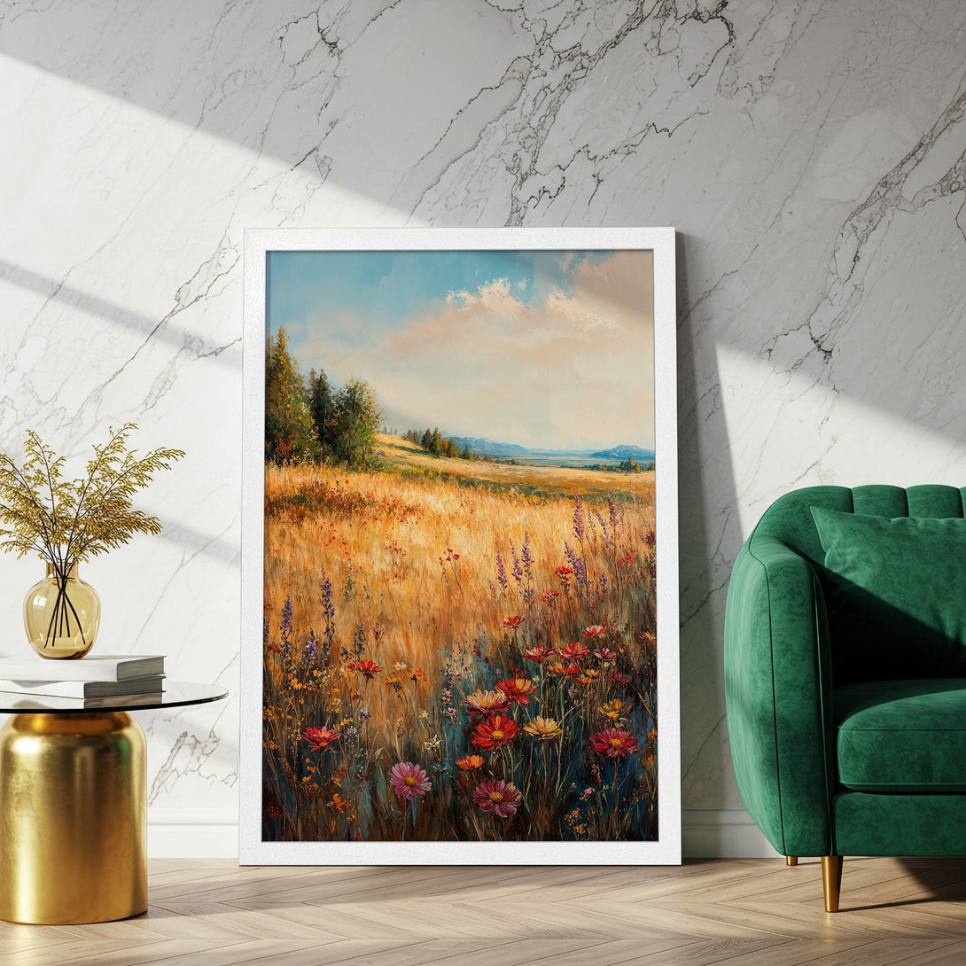 Framed Poster of a vibrant field landscape painting. Warm, earthy tones with pops of red and purple. Perfect for home decor.