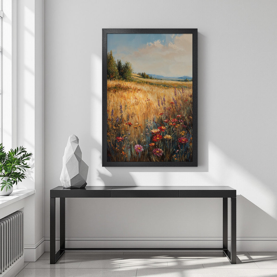Framed Poster of a vibrant field landscape painting. Warm color palette with yellows, greens, and blues. Perfect wall art for any home.