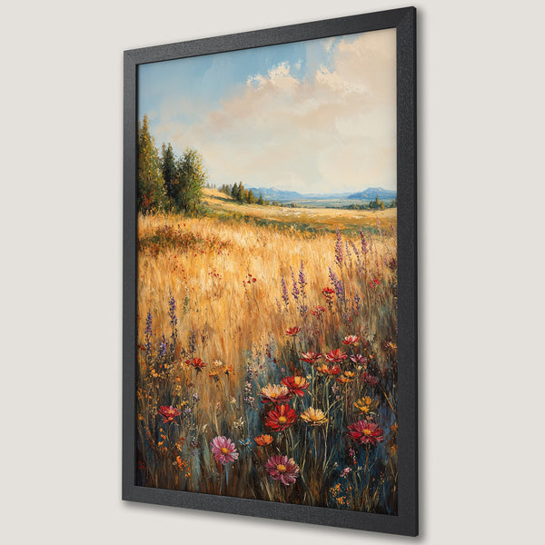 Framed Poster of a vibrant meadow landscape painting, impressionist style, featuring wildflowers. Warm gold, red, and blue color palette.