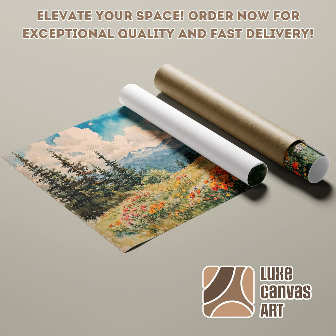 Watercolor landscape Poster Roll with mountain and floral scene, blue, green, and orange hues.