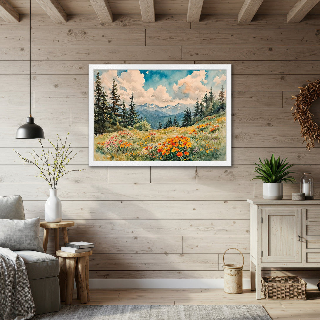 Framed Poster of a watercolor mountain landscape with vibrant orange flowers, blue sky, and green trees. Rustic style, warm color palette.