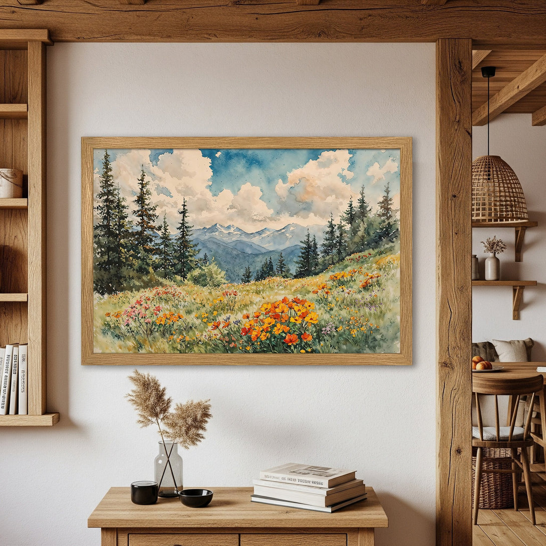 Framed Poster: Watercolor landscape print with mountains, trees, & wildflowers. Earthy color palette adds a touch of nature to your home decor.