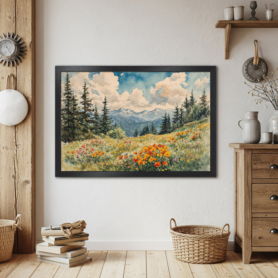 Framed Poster of watercolor mountain landscape. Serene art with a blue, green, and orange color palette. Perfect wall decor.