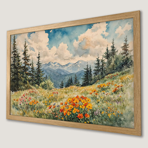Framed Poster of a watercolor landscape with mountains, trees, and wildflowers. Earthy tones with pops of orange and blue. Perfect wall art.