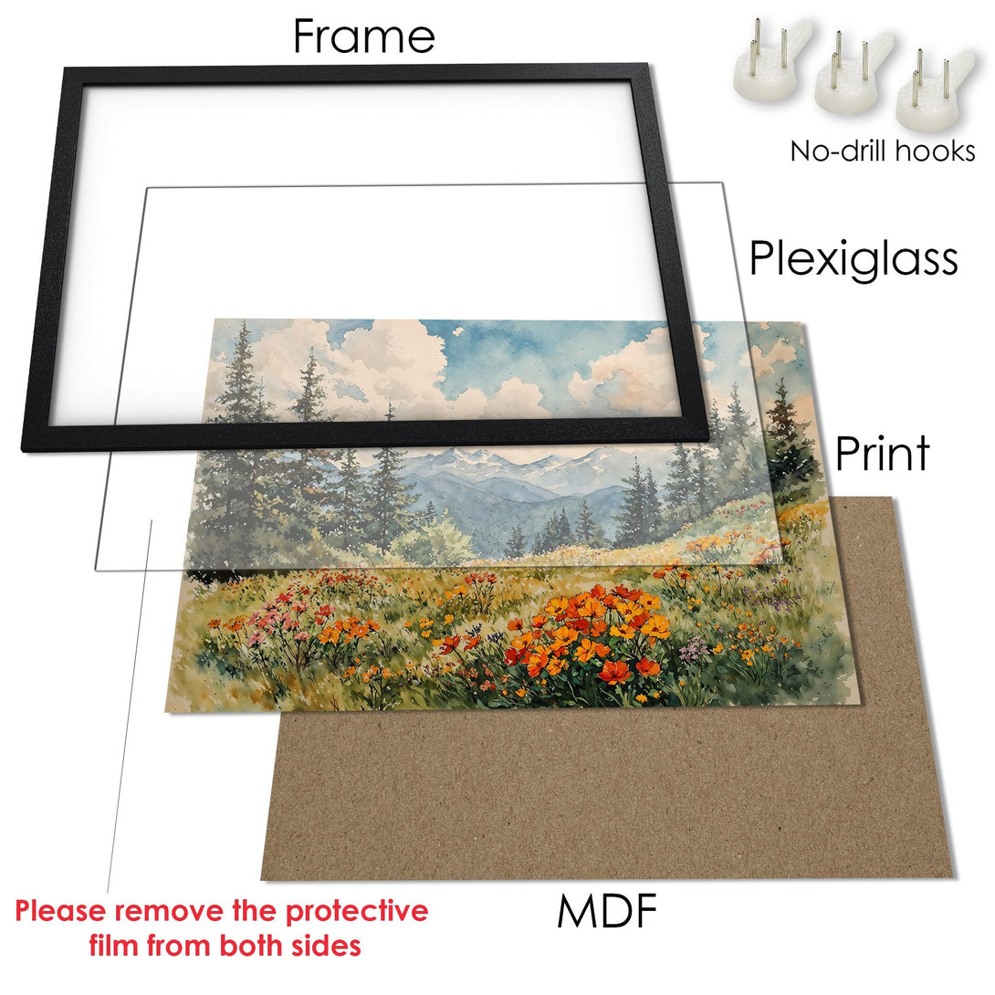 Framed Poster featuring a watercolor landscape with mountains, flowers, and a blue sky. Earthy tones and vibrant colors.