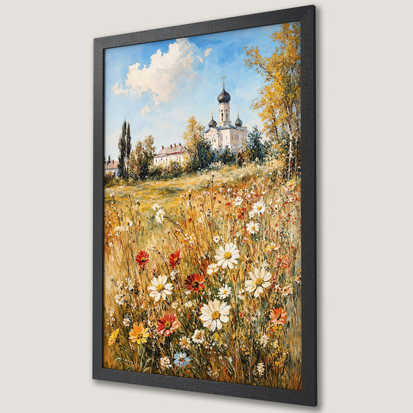 Framed Poster of a vibrant field with a church, in impressionistic style, featuring a warm color palette. Perfect wall art!