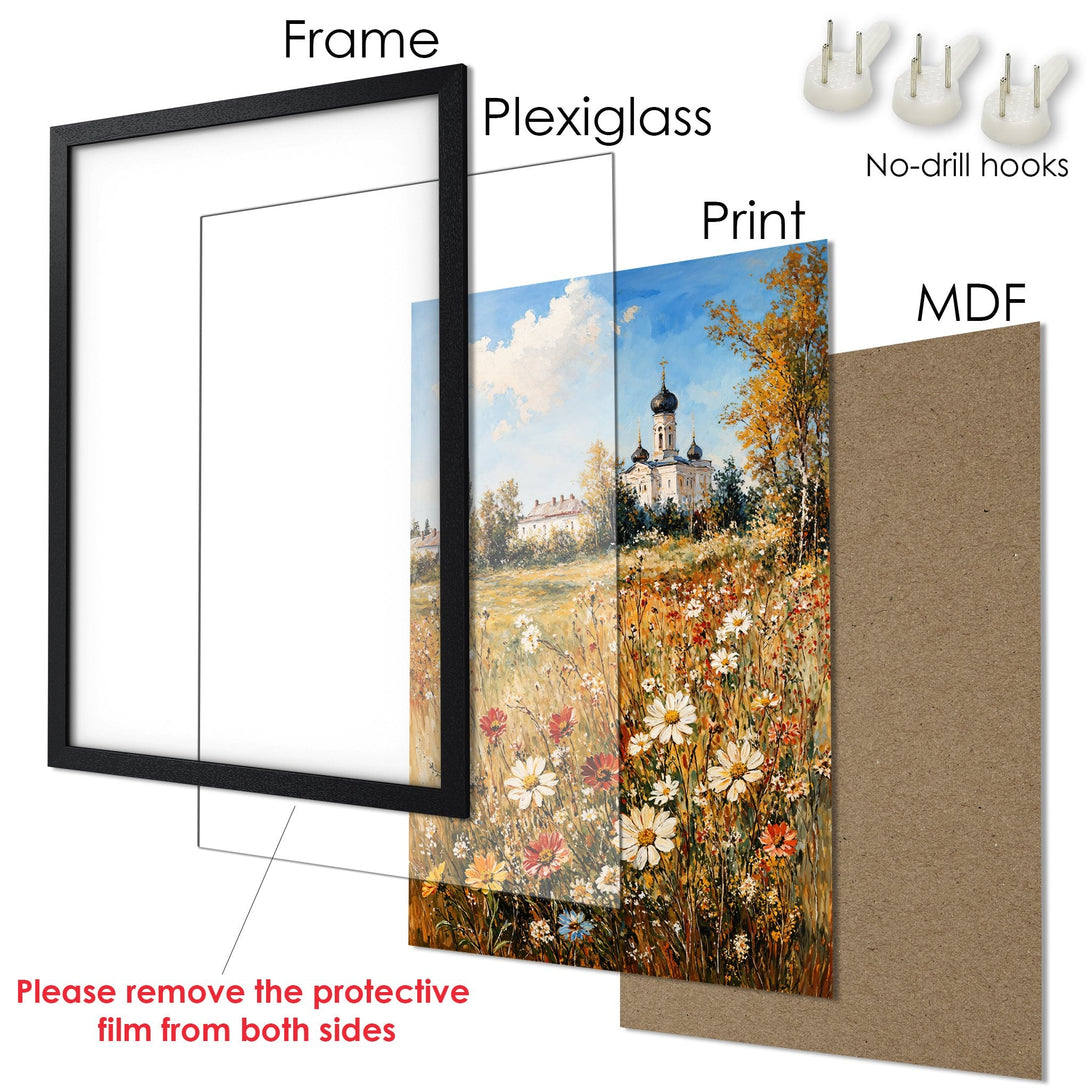 Framed Poster of a church landscape painting. Features warm, earthy tones and a classic art style. Perfect wall decor!