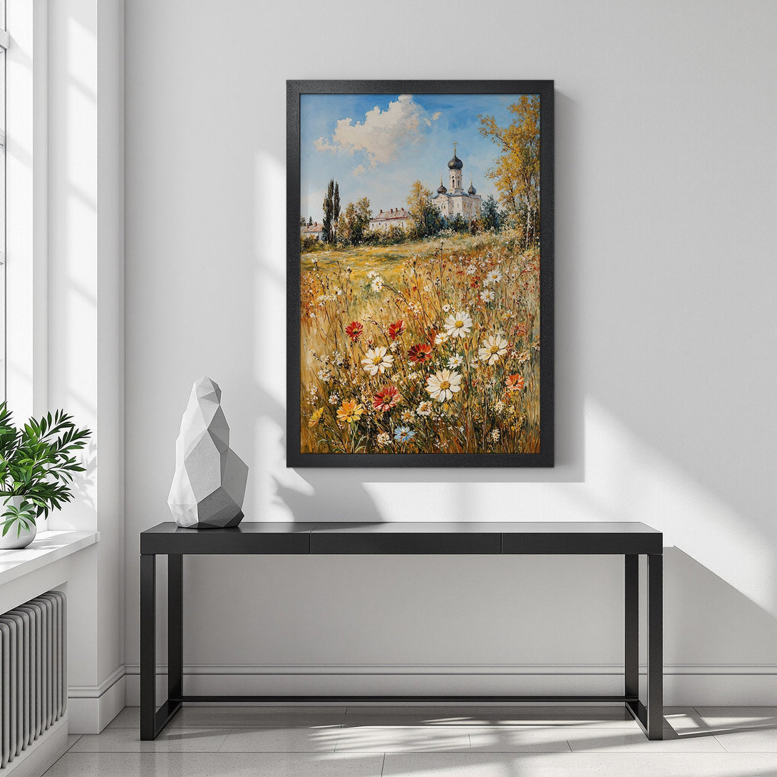 Framed Poster featuring a vibrant landscape painting with a church, wildflowers, and a warm, natural color palette. Add art to your walls!