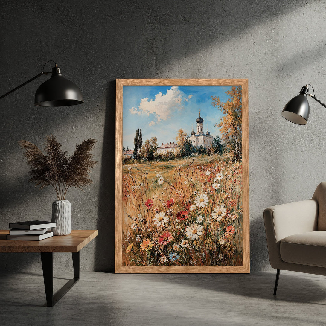 Framed Poster: Pastoral landscape art print with wildflowers, church, and blue sky. Warm color palette for home decor.
