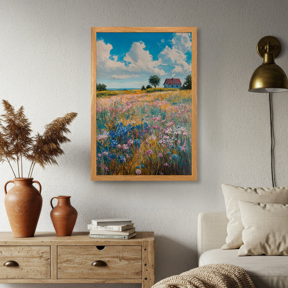 Framed Poster of a vibrant landscape painting with a house. Features a warm color palette of blues, yellows, and pinks. Perfect for home decor.