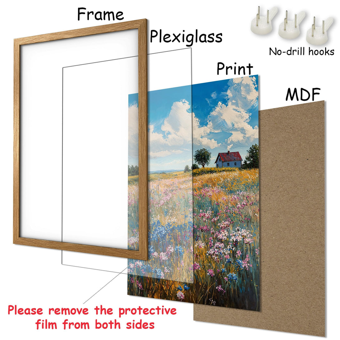 Framed Poster featuring a vibrant landscape painting. Impressionistic style with a blue, green, and yellow color palette. Perfect wall art!