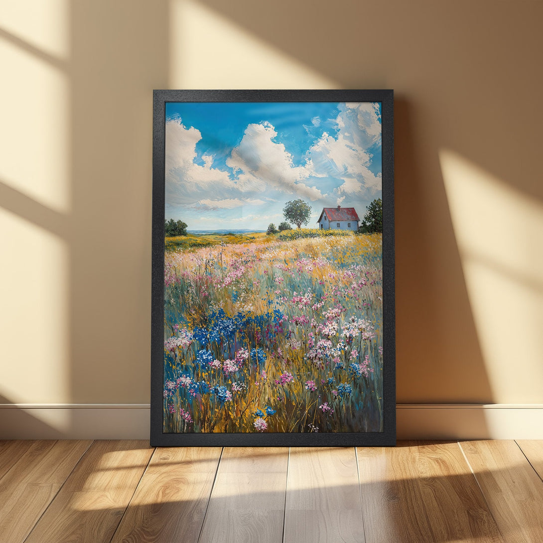 Framed Poster: Impressionist landscape art with wildflowers, blue sky, and a house. Vibrant colors, perfect for home decor.