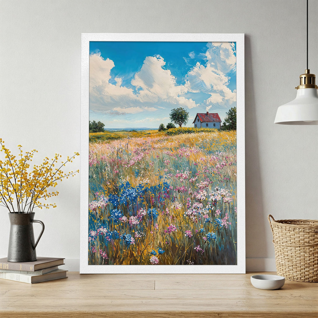 Framed Poster of a vibrant meadow scene with a house, in impressionistic style, featuring blue, pink, and yellow hues. Perfect wall art!