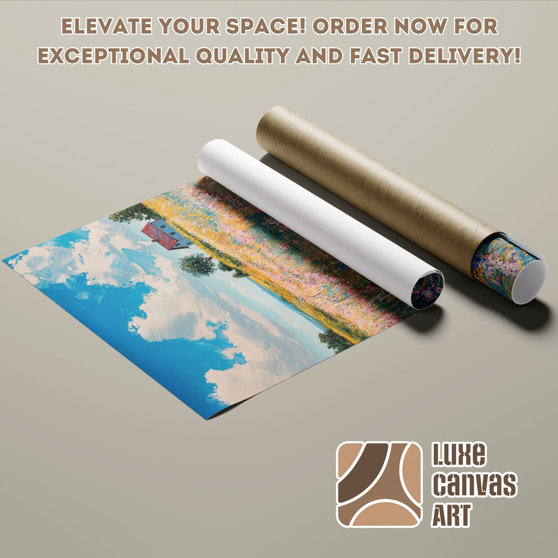 Landscape Poster Roll, Impressionist style, blue sky & fields, vibrant colors. Elevate your space!