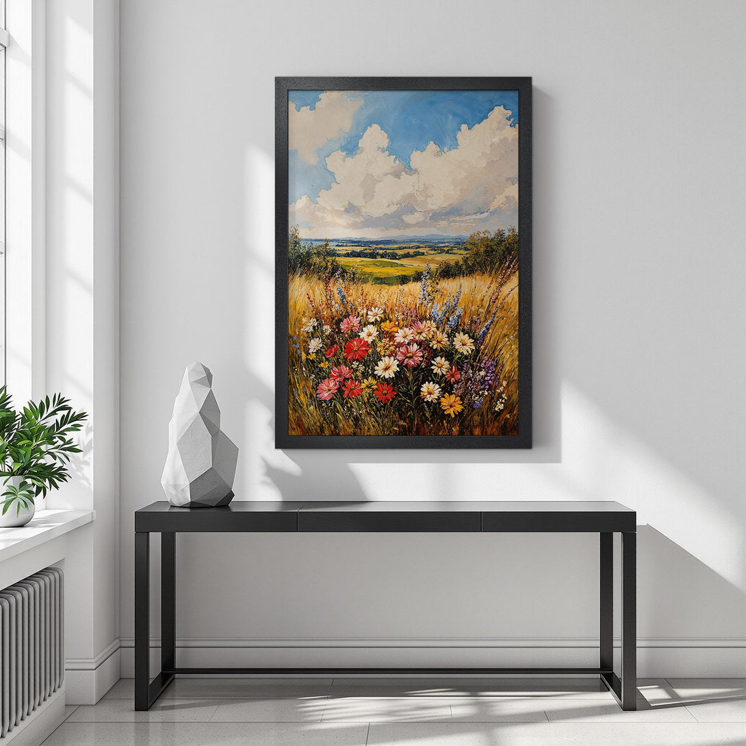 Framed Poster featuring a vibrant wildflower field painting. Beautiful landscape art with blue, yellow, and red color palette. Perfect wall decor.