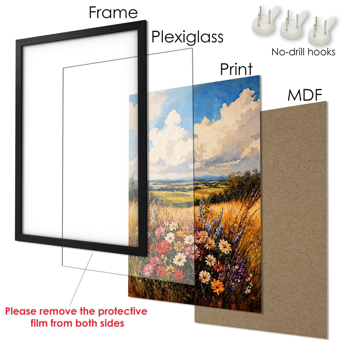 Framed Poster featuring a vibrant landscape painting with a warm color palette. Perfect for adding art to your walls.