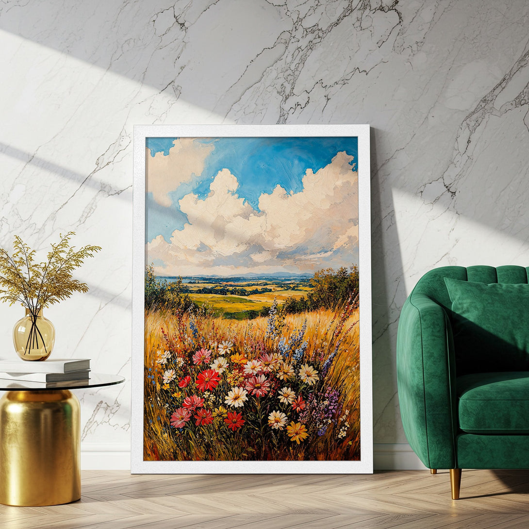 Framed Poster of a vibrant wildflower meadow landscape painting. Featuring a warm, colorful palette with blues, yellows, and reds. Perfect wall art!