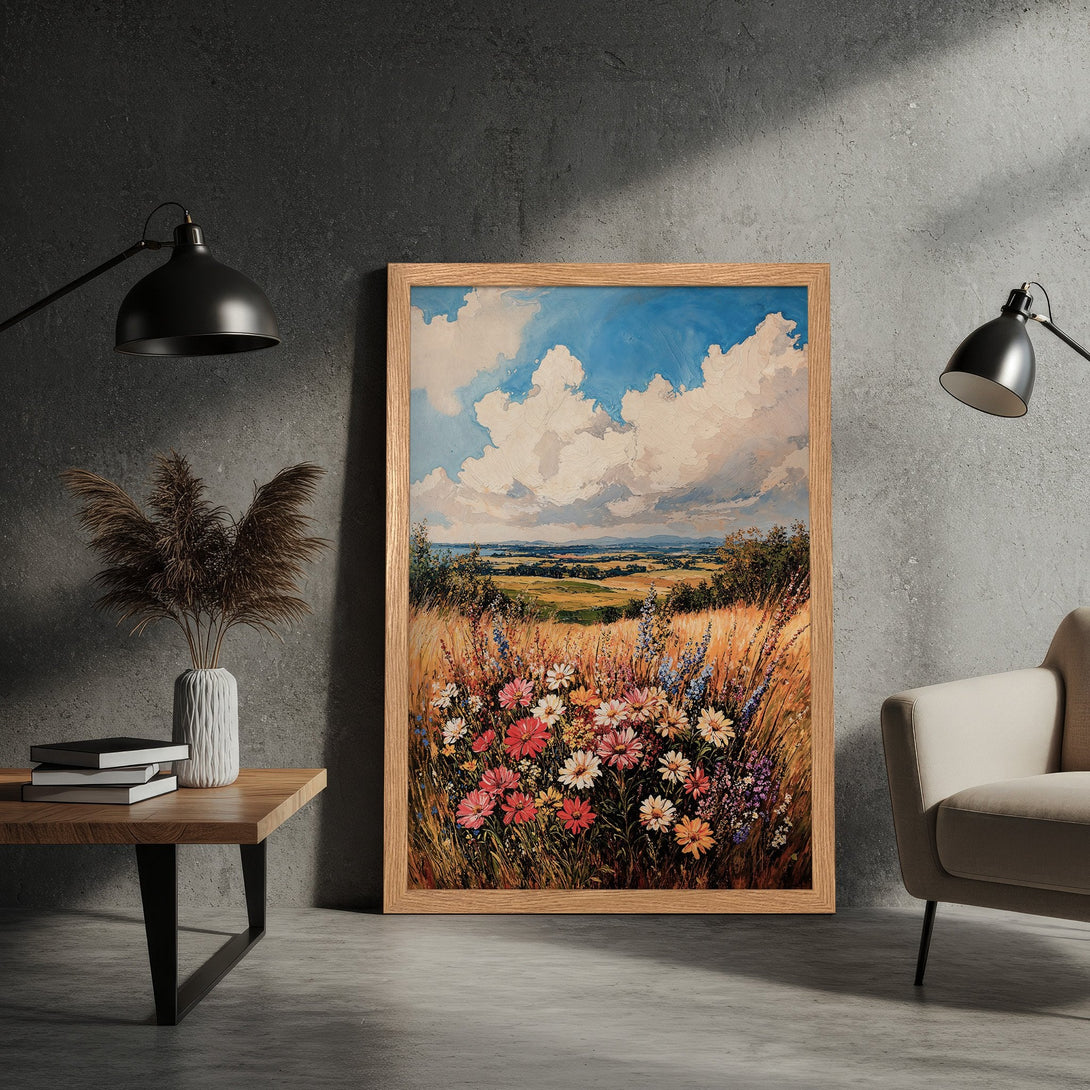 Framed Poster of a vibrant meadow landscape painting. Features a colorful palette of blues, greens, yellows, and pinks. Perfect wall art for any space!