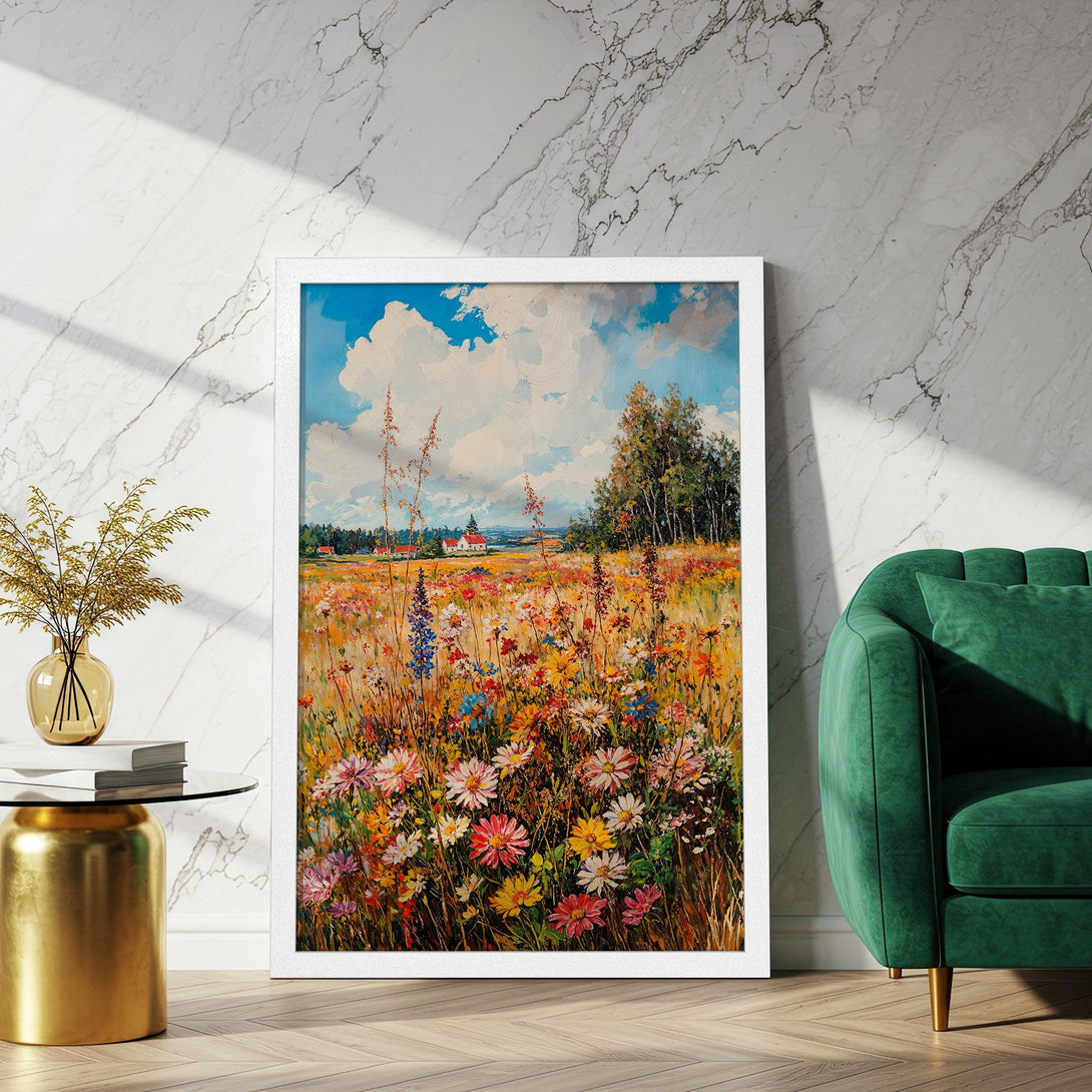 Framed Poster of a vibrant wildflower field painting. Impressionistic style with a warm, colorful palette. Bring nature's beauty indoors!