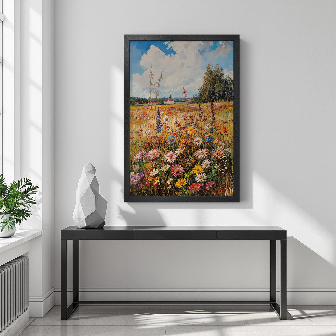 Framed Poster featuring a vibrant field of wildflowers. Impressionistic style with a warm, colorful palette. Perfect wall art for any room.