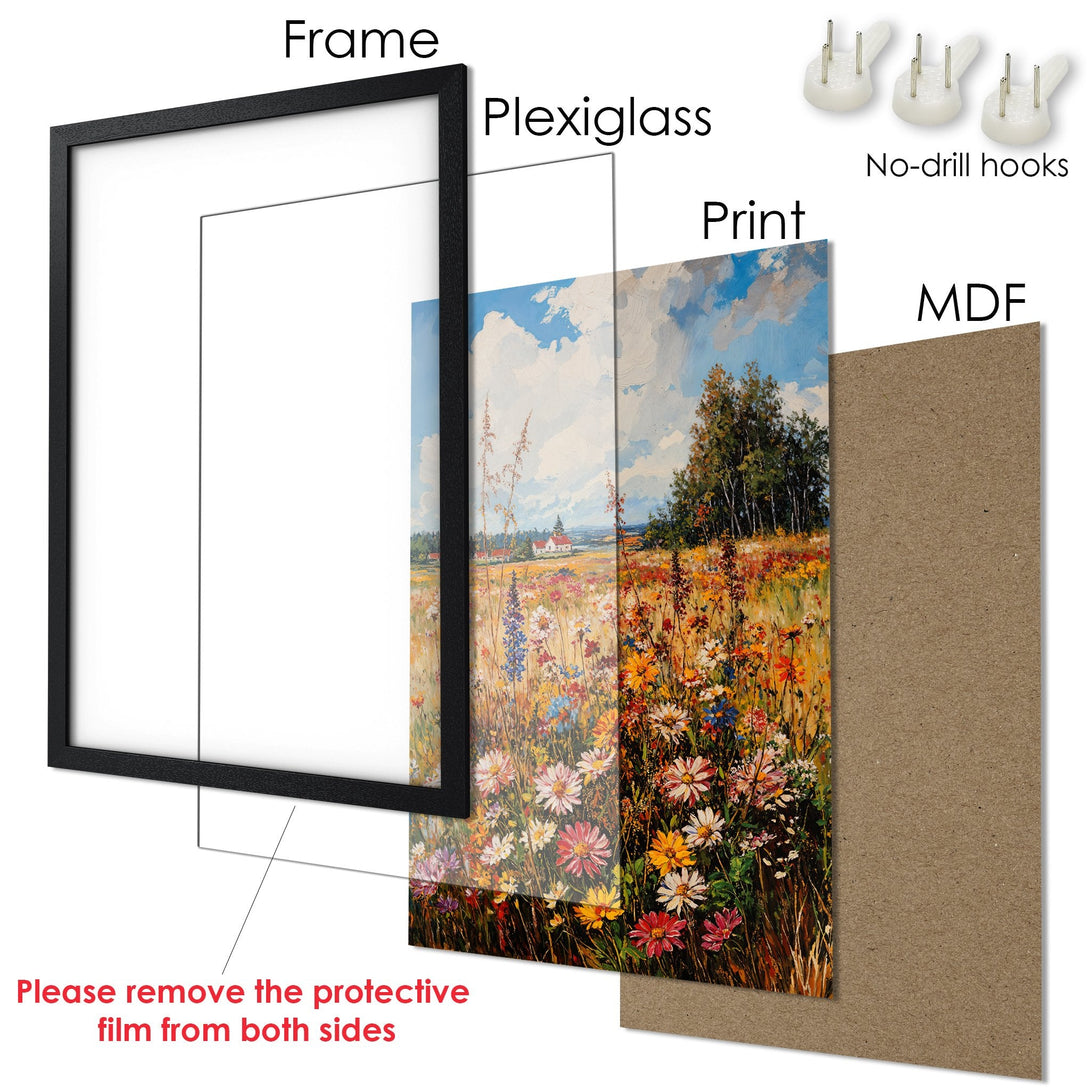 Framed Poster: Colorful meadow art print in a black frame. Perfect wall decor, vibrant colors.