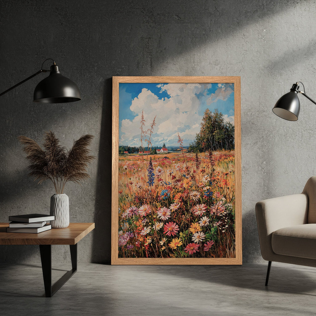 Framed Poster of a vibrant field landscape painting. Impressionistic style with warm, earthy tones and pops of color. Perfect wall art!