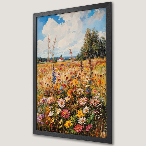 Framed Poster featuring a vibrant wildflower meadow painting with a warm, colorful palette. Perfect wall art for your home.