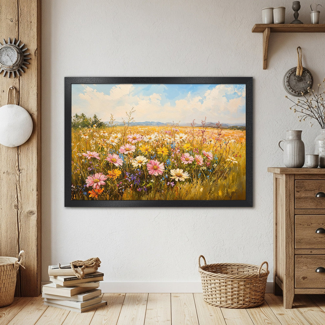 Framed Poster of a wildflower meadow in a rustic style, featuring a vibrant palette of pinks, yellows, and blues.