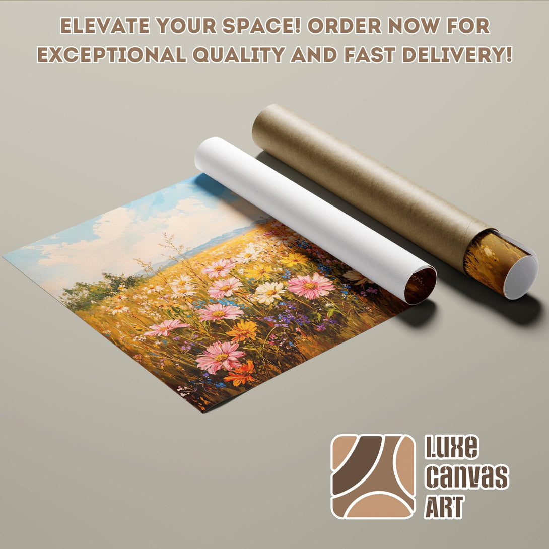 Poster Roll of a field of flowers in a colorful, impressionistic style. Warm, earthy tones.