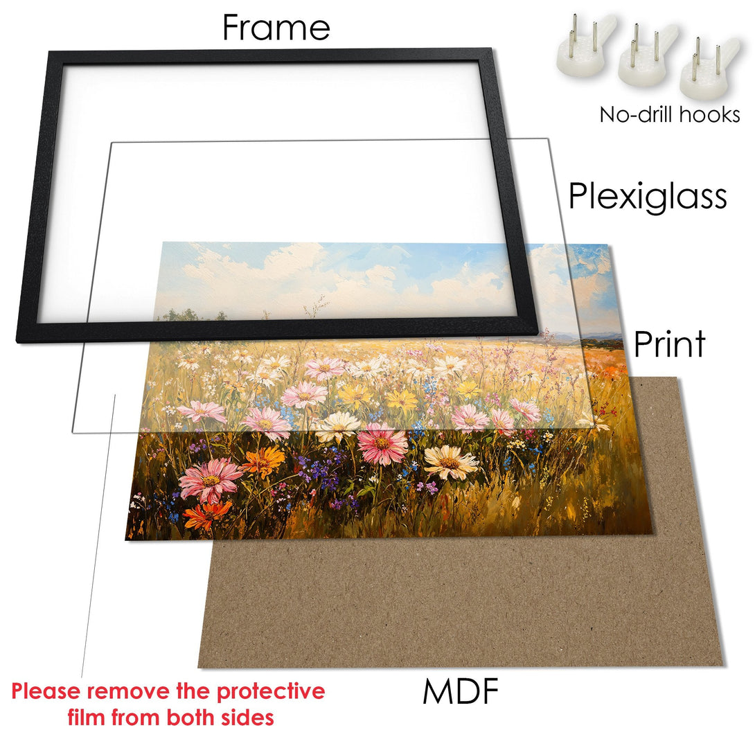 Framed Poster featuring a vibrant floral meadow painting. Warm, earthy tones with pops of pink, yellow, and blue. Ready to hang!