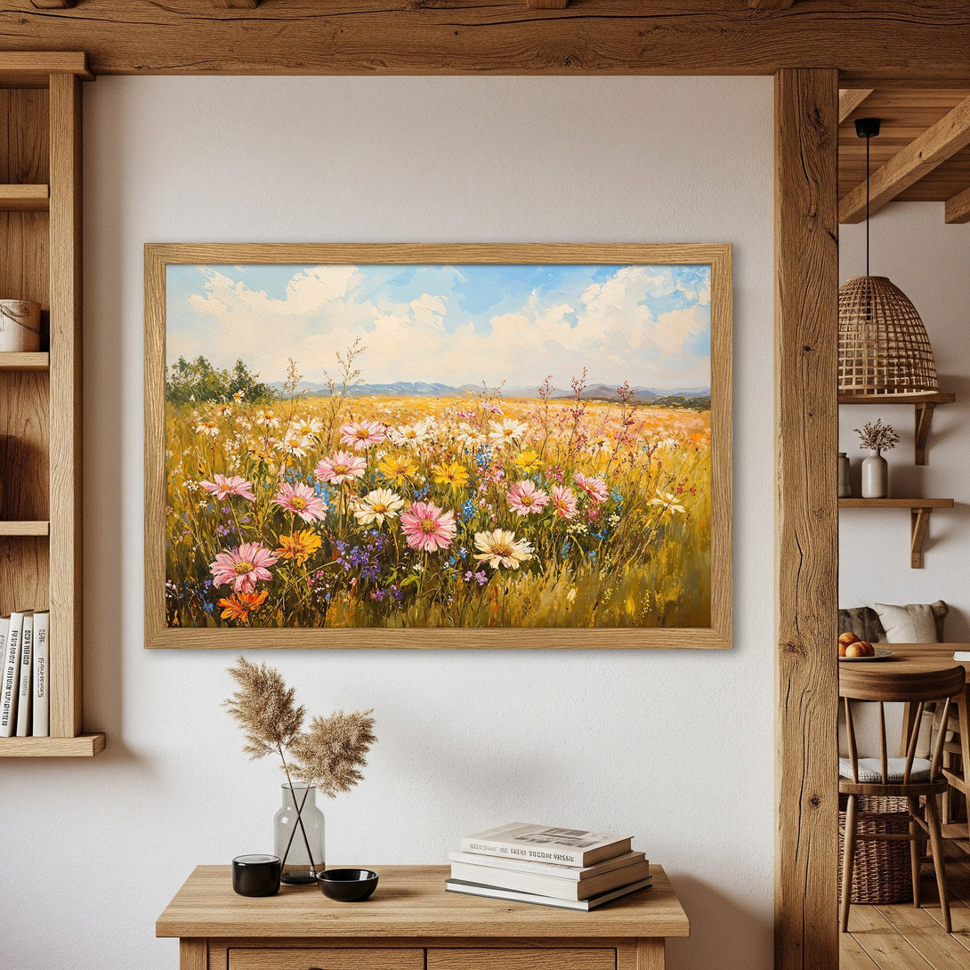 Framed Poster featuring a vibrant floral field painting in a warm, earthy color palette. Perfect for adding a touch of nature to your home!