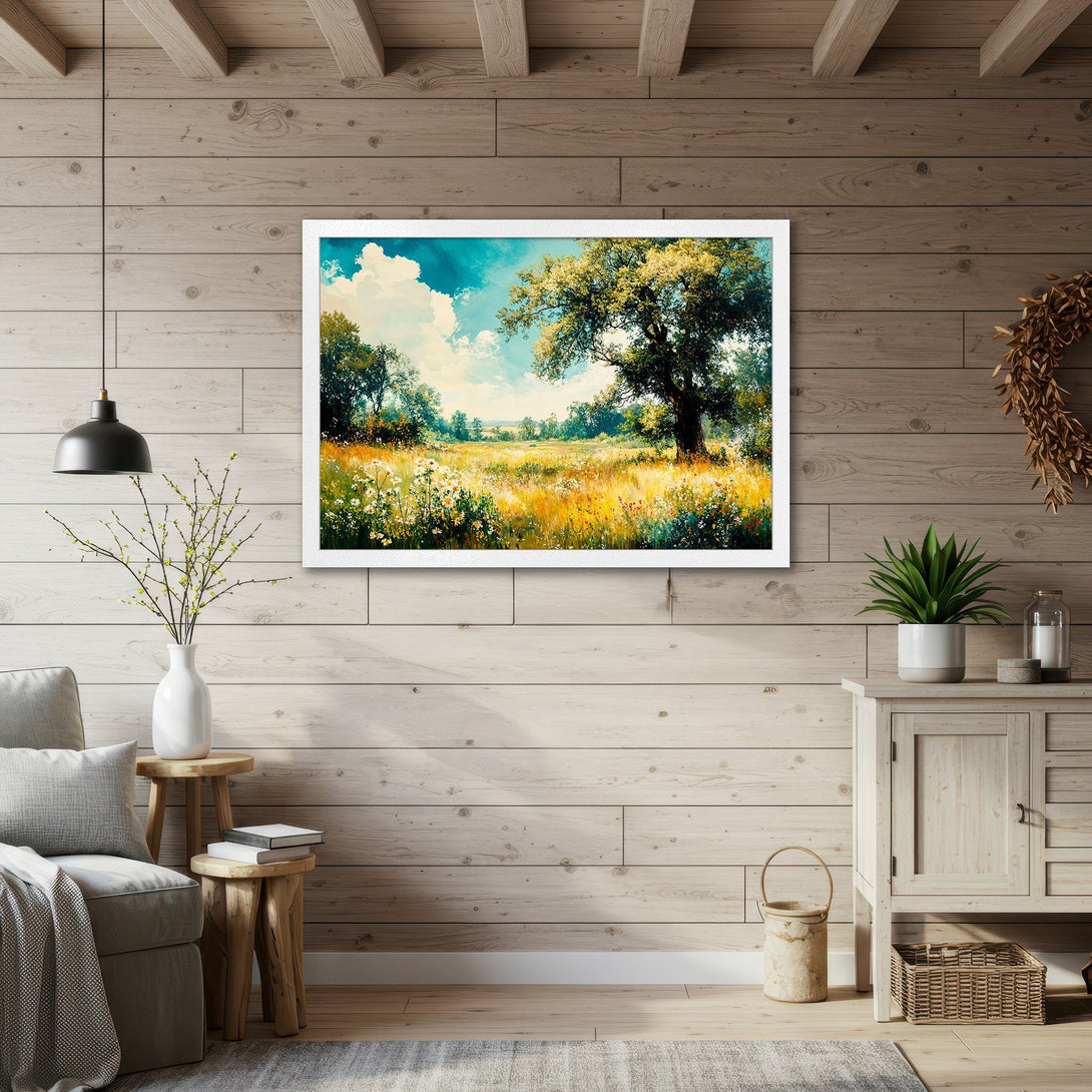 Framed Poster of a serene landscape painting with a vibrant color palette, perfect for adding a touch of nature to your home.