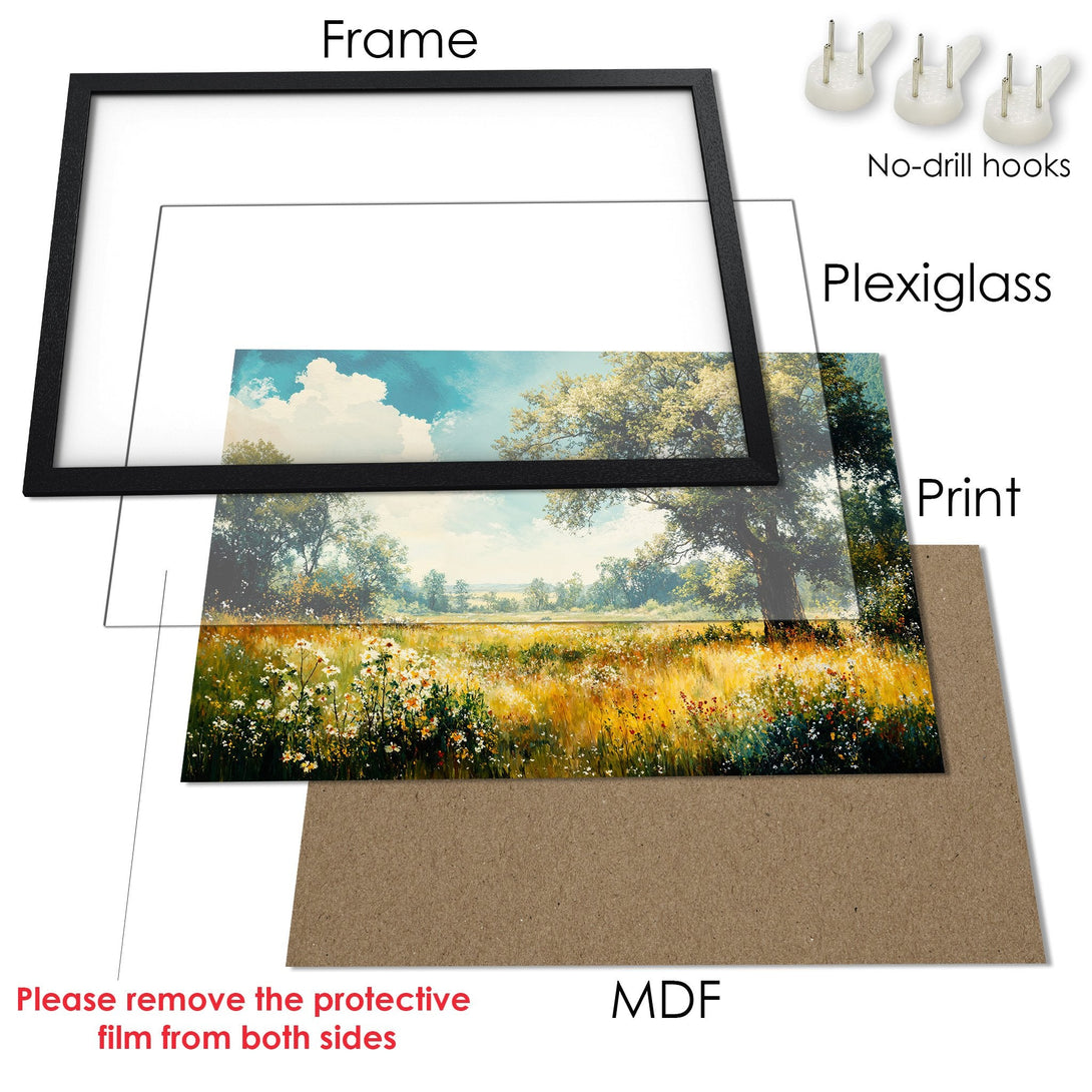 Framed Poster of a serene landscape painting in a warm, natural color palette. Perfect wall art for a calming space.