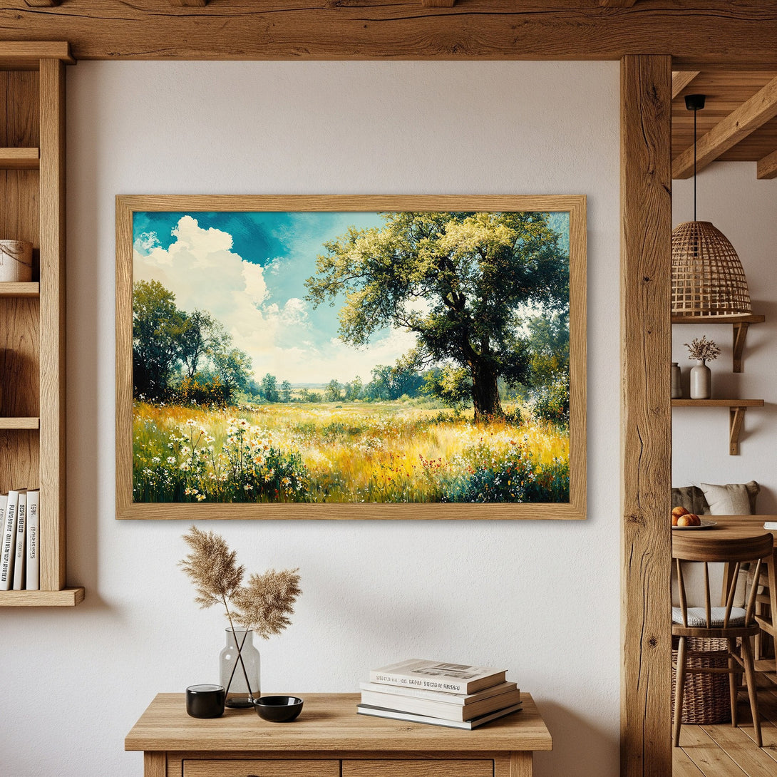 Framed Poster of a serene landscape painting in a warm color palette. Perfect wall art for a cozy home.